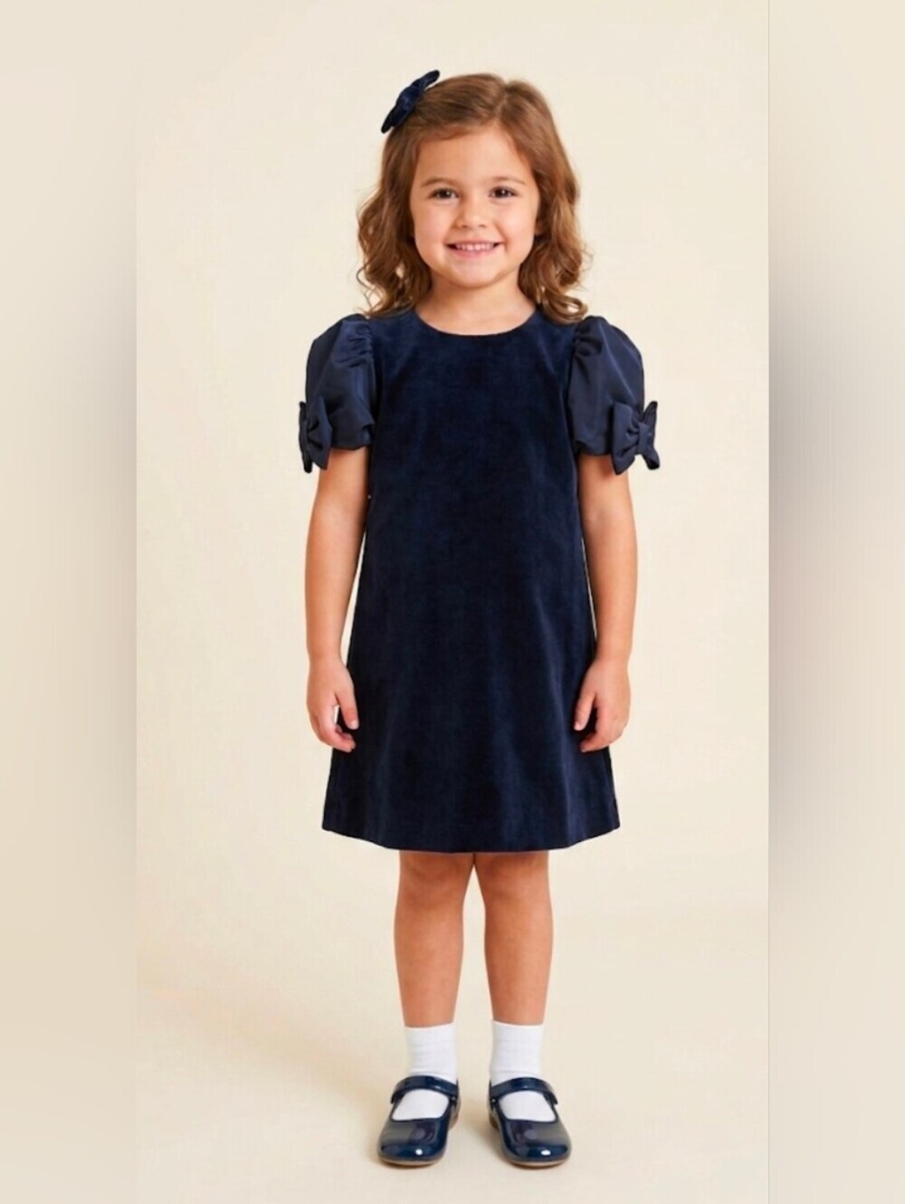 Janie And Jack Girls Velvet Formal Dress Navy Satin Bow Sleeves Size 4